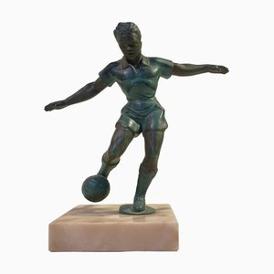 Art Deco Fußball- oder Footballspieler aus bronziertem Metall und Marmor, 1940er
