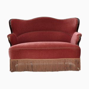 Divano a due posti in velluto rosa salmone e legno di frassino, Danimarca, anni '50