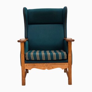 Poltrona con schienale alto in lana verde turco e legno di quercia, Danimarca, anni '70