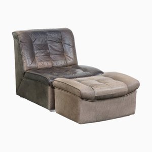 Set of Grey Leather Lounge Chair and Ottoman, 1970s