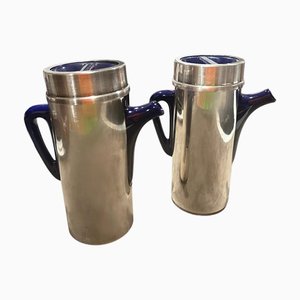 Silver Plated Metal and Blue Ceramic Coffee Pots in the style of Lino Sabattini, 1980s, Set of 2