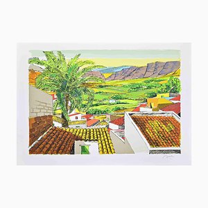 Renzo Meschis, Landschaft in Sizilien, Lithographie, 1989