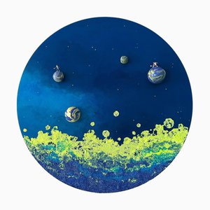 Vera Vizzi, Blue Toned Circular Wall Sculpture, 2025, Foam Clay and Acrylic on Wood