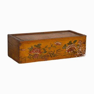 Antique Chinese Ochre Colored Box with Painted Lotus Flowers, 1900s