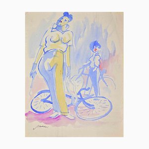 Mino Maccari, Die Radfahrer, Zeichnung auf Papier, 1940er