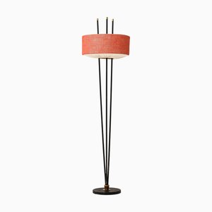 Early Floor Lamp in Black Lacquered Metal and Brass attributed to Gerald Thurston, 1950s