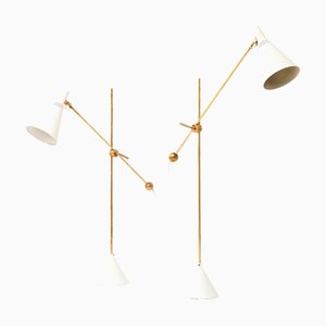 Floor Lamps in White Lacquered Metal and Brass attributed to Tapio Wirkkala, 1950s, Set of 2