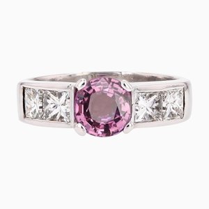 French Modern Pink Sapphire Princess-Cut Diamonds Ring in 18 Karat White Gold