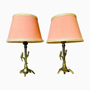 Petites Lampes de Chevet Rustiques en Laiton avec Abat-jours Oiseau et Rose, 1950s, Set de 2