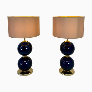 Lampade in vetro di Murano con sfere blu e paralumi avorio, set di 2