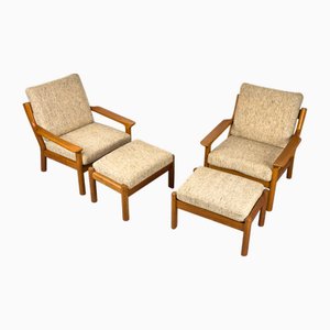 Lounge Chairs with Ottomans in Teak and Wool from Glostrup, 1980s, Set of 4