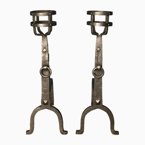 Schmiedeeiserner Cresset Kamin Andirons, 1950, 2er Set