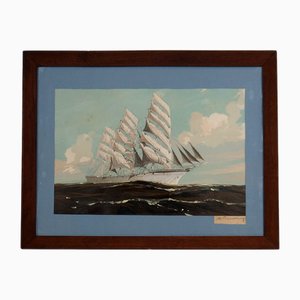 Georges Fouillé, Nave a tre alberi, Stencil su litografia, anni '50, con cornice