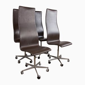 Vintage High-Backed Office Chairs in Leather and Aluminium by Arne Jacobsen for Fritz Hansen, 1980, Set of 4