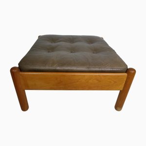 Mid-Century Teak Ottoman with Leather Cushion, Denmark, 1970s
