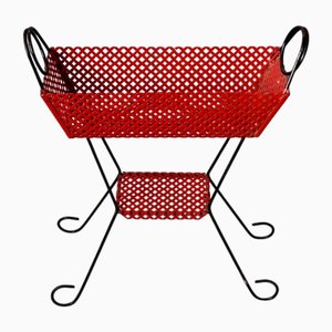 Mid-Century French Modernist Red and Black Perforated Sheet Metal Planter, 1950s