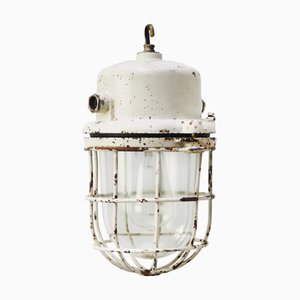 Vintage Industrial White Metal and Clear Glass Pendant Light
