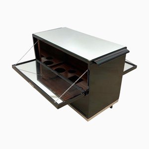Carrello bar Art Déco in mogano laccato nero, vetro specchiato e metallo cromato, Francia, 1930