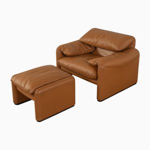 Sedia Maralunga 675 vintage e poggiapiedi di Vico Magistretti per Cassina, anni '70