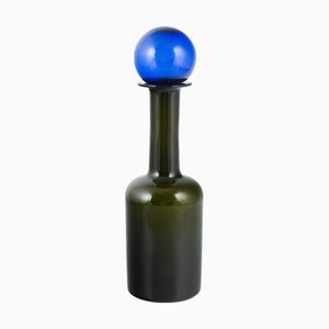 Large Vintage Bottle in Green Art Glass with Blue Ball by Otto Brauer for Holmegaard, 1960s