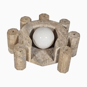 Large Handmade Sculptural Travertine Table Lamp with Glass Globe, Italy, 1970s