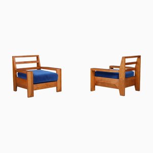 Elm Lounge Chairs with Blue Velvet Seats from Maison Regain, France, 1970s, Set of 2