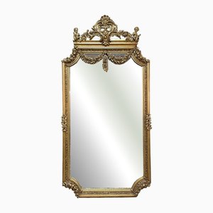 Grand Miroir en Bois Doré Décoré Angelot, France