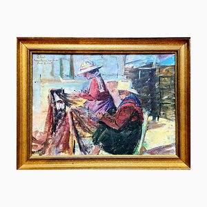 Nguyen Van Binh-Cirlot, Mending the Fish Nets, 1960s, Oil on Board, Framed