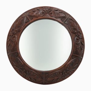 Large Rustic Oak Wall Mirror with Floral Carvings, France, 1900s