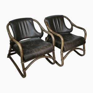 Mid-Century Manila Armchairs in Bamboo and Leather attributed to Horsnæs, 1960s, Set of 2