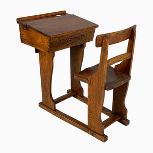 Vintage Italian School Desk in Wood and Ceramic Inkwell, 1930s