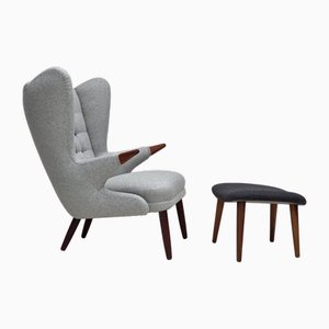Set of Danish Teddy Chair and Ottoman in Wool and Teak, 1960s