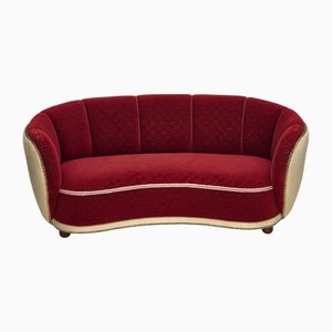 Danish Curved 2-Seater Sofa in Red and Beige Wool, 1960s