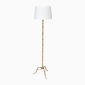 Dreibeinige französische Messing Bambus Stehlampe im Stil von Maison Jansen, 1950er