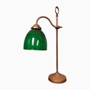 Lampada da scrivania Art Déco in ottone e opalino verde, anni '30