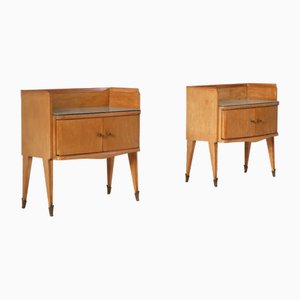 Mesitas de noche italianas de roble con tablero de vidrio pintado en verde grisáceo, años 50. Juego de 2