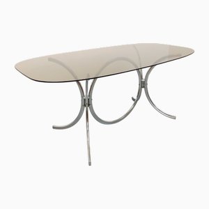 Space Age Style Rounded Rectangular Smoked Glass and Chrome Metal Dining Table, 1970s