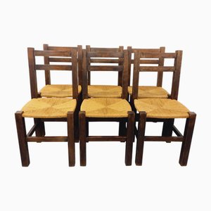 Vintage Brutalist Chairs in Oak and Straw, 1960s, Set of 6
