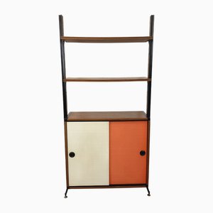 Estantería modular italiana vintage de melamina con decoración de madera y metal, años 60