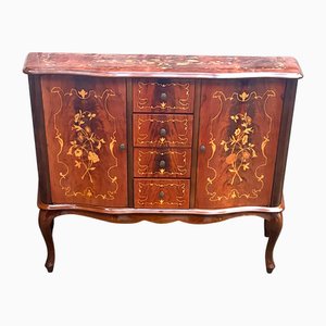 Cassettiera in legno intarsiato, anni '70