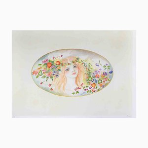 Felicita Frai, Portrait with a Garland of Flowers, Lithograph, 1980s