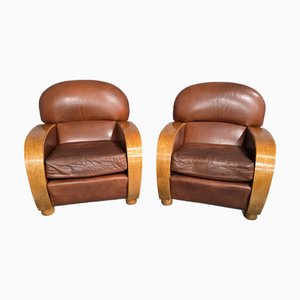 Art Deco Leather Club Armchairs, Set of 2