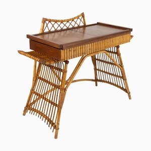 Scrivania o consolle Mid-Century in vimini, bambù e legno di Audoux Minet, Italia, anni '60