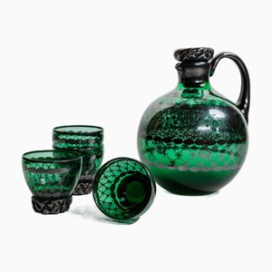 Vintage Green Murano Glass Liqueur Decanter and Glasses with Hand-Painted Silver Decor, Italy, 1930s, Set of