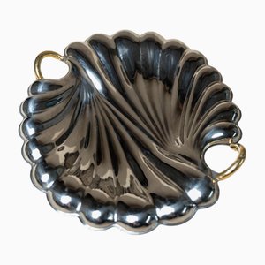 Vassoio vintage a conchiglia in acciaio inossidabile con dettagli dorati di Becchetti, Italia, anni '80