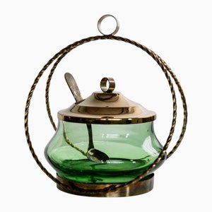 Mid-Century Emerald Green Glass Lidded Bowl with Gilt Metal, 1940s