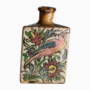 Vintage Qajar Dynasty Triangular Handpainted Terracotta Bottle, Iran, 19th Century