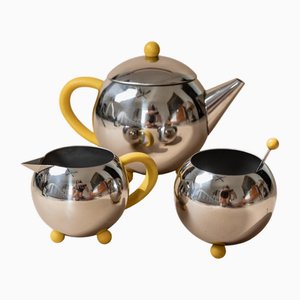 Vintage Space Age Spherical Tea or Coffee Service in Stainless Steel with Yellow Details, 1980s, Set of 3