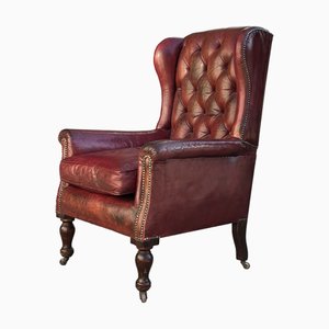 Antique Button Wing Armchair in Red Leather, 1880