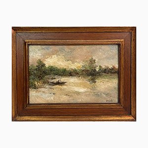 Bosisio, Paesaggio lacustre con barca, Olio su tavola, Con cornice